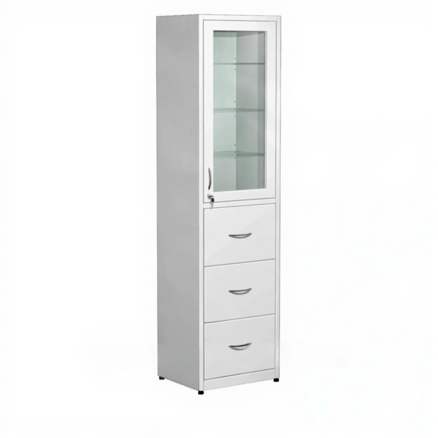 Шкаф для медикаментов стекло в металлической рамке, с ящиками ШМп-3 (белый)